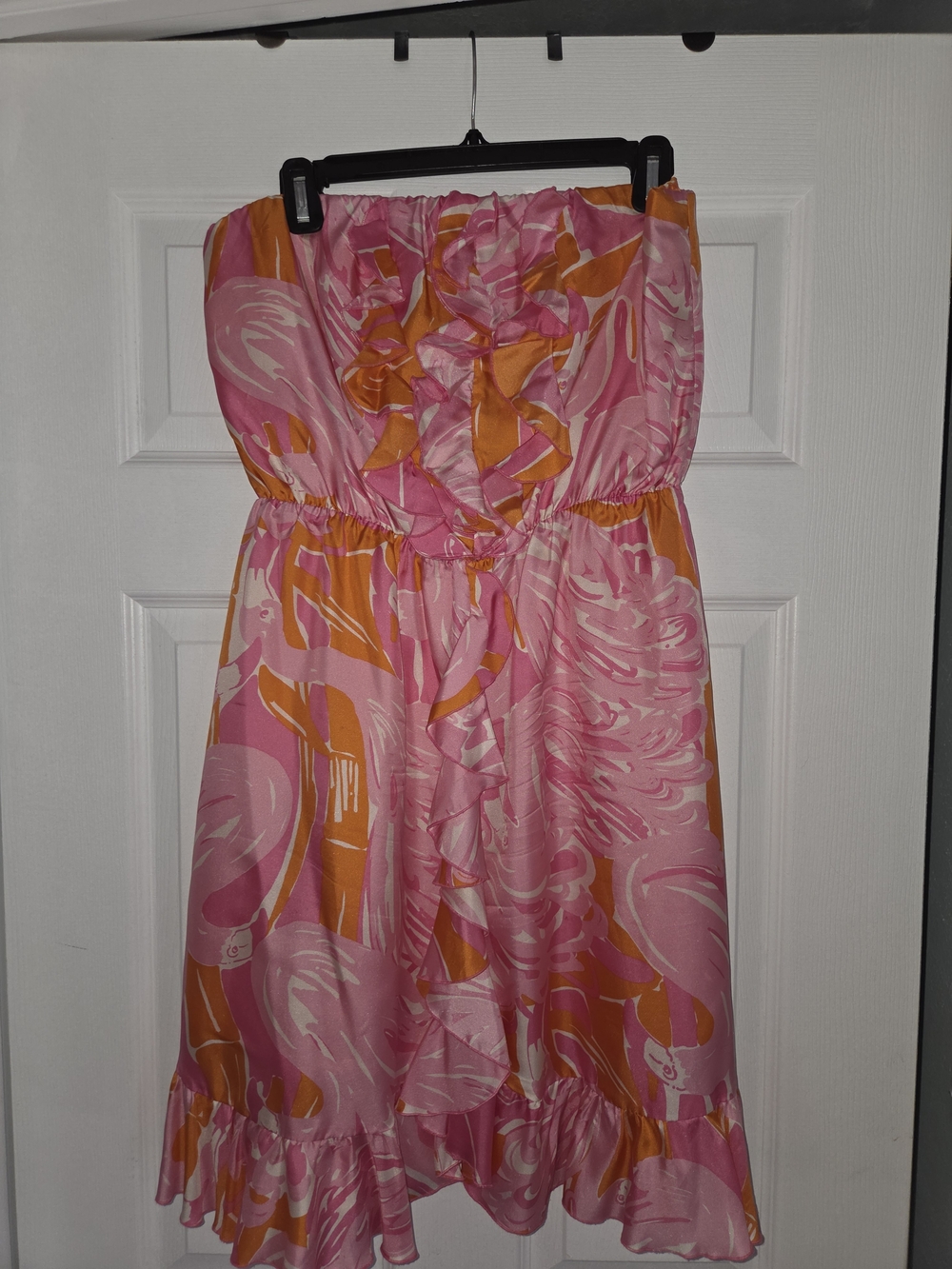Lilly Pulitzer Pink and Orange Silk Flamingo Strapless Dress